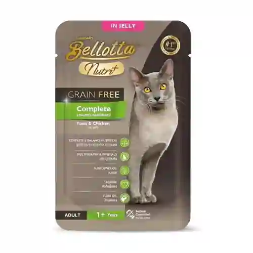 8850589000906 (โหล) 12x70ก. Bellotta Nutri+ Grain Free เพาซ์แมว สูตรComplete รสทูน่าไก่เยลลี่ โหลBelNutri+ครบสูตรเยลลี่12x70g. โหล 12x70 g. เบลลอตต้า,เพาซ์แมว,เพาซ์,เพาช์,pounch,อาหารเปียก,ซอง,แมว,เพา,เพาช์แมว,เพาแมว,เพ้า,เพ้า,เกรวี่,gravy,ซุป,ซุบ,เกรนฟรี,ป้องกัน