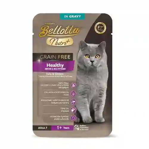 8850589000944 (โหล) 12x70ก. Bellotta Nutri+ Grain Free เพาซ์แมว สูตรHealthy รสทูน่าไก่ปลาโอโกจิเกรวี่ โหลBelNutri+เสริมภูมิเกรวี่12x70g. โหล 12x70 g. เบลลอตต้า,เพาซ์แมว,เพาซ์,เพาช์,pounch,อาหารเปียก,ซอง,แมว,เพา,เพาช์แมว,เพาแมว,เพ้า,เพ้า,เกรวี่,gravy,ซุป,ซุบ,เกรนฟรี,ป้องกัน
