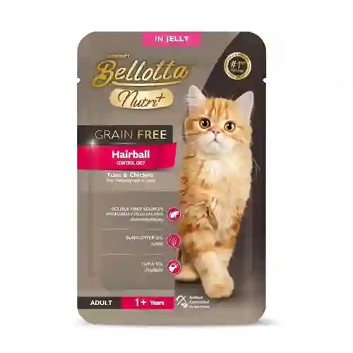 8850589000968 (โหล) 12x70ก. Bellotta Nutri+ Grain Free เพาซ์แมว สูตรHairball รสทูน่าไก่ข้าวเยลลี่ โหลBelNutri+Hairball12x70g. โหล 12x70 g. เบลลอตต้า,เพาซ์แมว,เพาซ์,เพาช์,pounch,อาหารเปียก,ซอง,แมว,เพา,เพาช์แมว,เพาแมว,เพ้า,เพ้า,เกรวี่,gravy,ซุป,ซุบ,เกรนฟรี,ป้องกัน