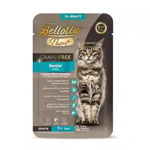 8850589000982 (โหล) 12x70ก. Bellotta Nutri+ Grain Free เพาซ์แมวแก่7+ สูตรSenior รสไก่ปลาเนื้อขาวแครนเบอร์รี่เกรวี่ โหลBelNutri+สูงวัย7+12x70g. โหล 12x70 g. เบลลอตต้า,เพาซ์แมว,เพาซ์,เพาช์,pounch,อาหารเปียก,ซอง,แมว,เพา,เพาช์แมว,เพาแมว,เพ้า,เพ้า,เกรวี่,gravy,ซุป,ซุบ,เกรนฟรี,ป้องกัน