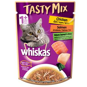 Whiskas Tasty mix เพาซ์แมว รสแซลมอนสาหร่ายเกรวี่